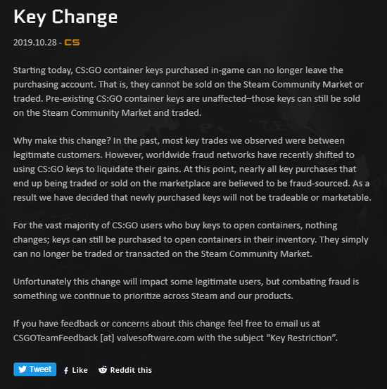 CSGO 10.29游戏更新：钥匙不再进入Steam交易市场