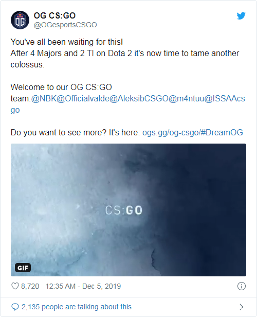 官宣：OG正式成立CSGO分部，Aleksib和NBK-领军
