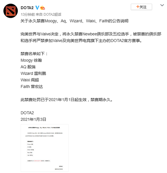 《DOTA2》官方宣布：完美世界和V社永久禁赛Newbee俱乐部及五位选手