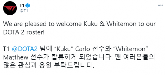 T1推特公布：东南亚知名选手KuKu加盟