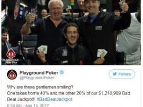 $1/$2无限注德州扑克赛桌上击中120万美元“爆冷门幸运奖”