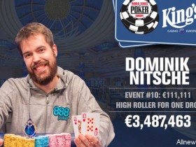 蜗牛扑克:Dominik Nitsche取得2017 WSOPE$111,111一滴水豪客赛冠军