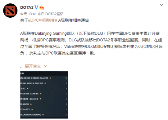 DPC公告：DLG由于弃赛 所以比赛默认判负