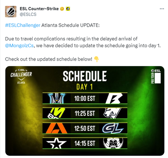 由于TheMongolz无法按时到达，ECL亚特兰大调整首日赛程