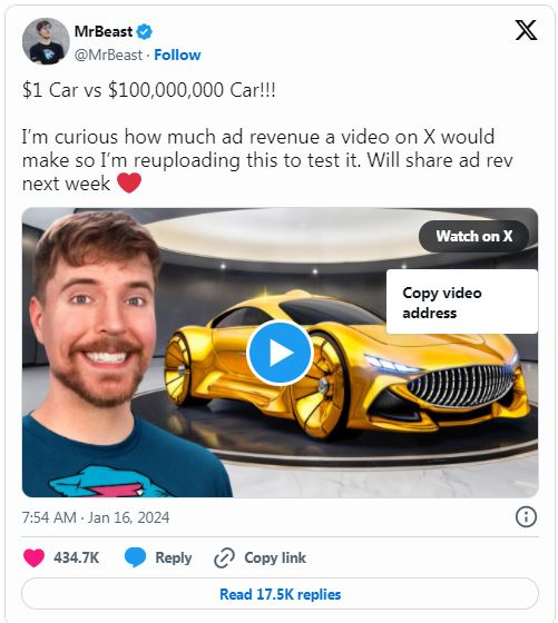 YouTube 第一网红MrBeast  X 平台首战告捷！首个视频斩获 26 万美元广告分成