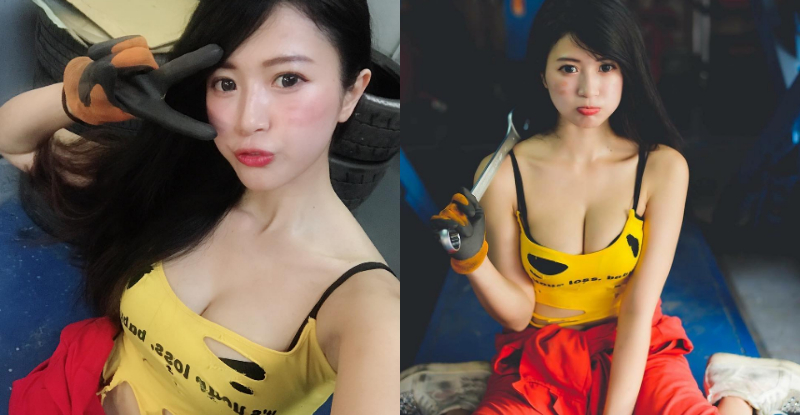 甜美可愛「黑手正妹」不會修車只會賣萌！爆乳身材太性感讓人無法招架！