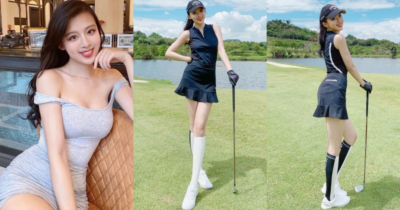高爾夫球場「長腿短裙妹」笑容超甜美！曲線緊緻窈窕迷人，原來還是個空姐！