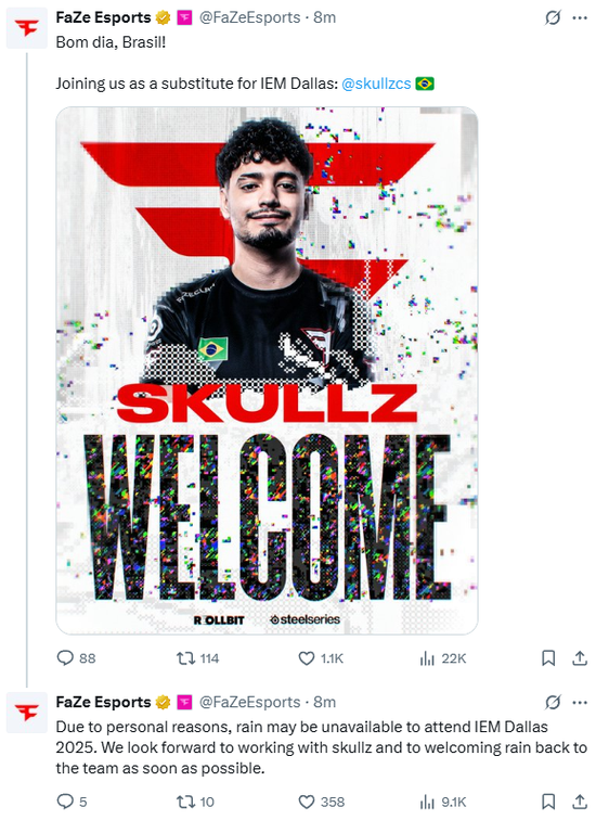 【蜗牛电竞】官宣:rain因个人原因缺席IEM达拉斯 skullz替补参赛【EV扑克小游戏官网】