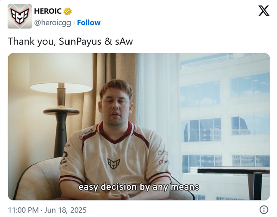 【蜗牛电竞】官宣:HEROIC告别sAw及SunPayus【EV扑克小游戏官网】