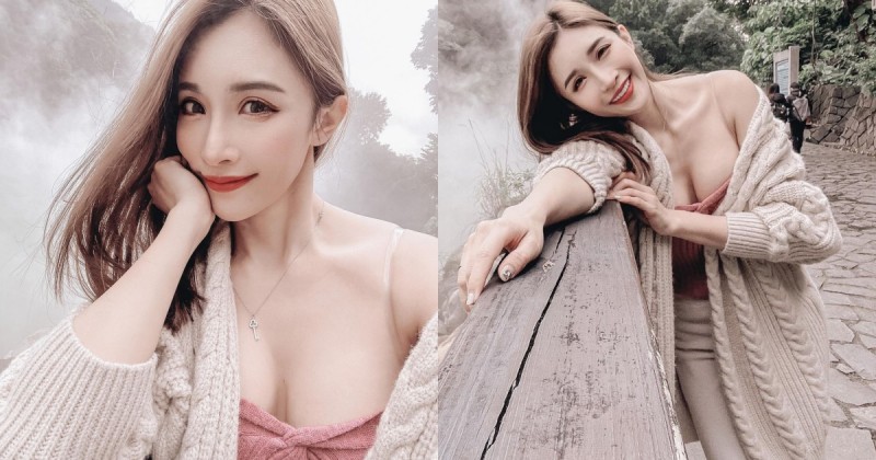 地熱谷出現「白皙正妹」不畏寒冷露香肩！超低胸小可愛快包不住「渾圓雪乳」！