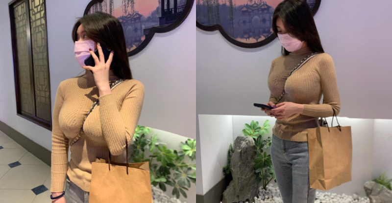 「白嫩波霸妹」穿保守衣還隱乳失敗，「背包狂勒奶線」直接現形