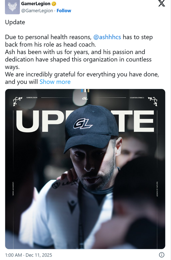 身心俱疲：ash卸任GL教练职务