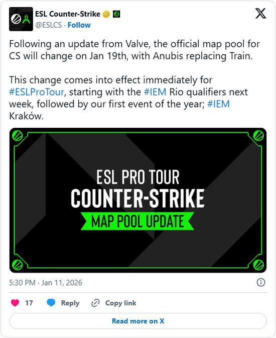 【蜗牛电竞】ESL官方比赛地图池调整：Anubis取代Train【EV扑克小游戏官网】