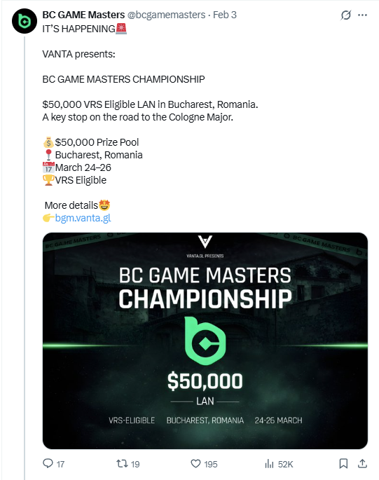 【蜗牛电竞】BC.Game将在罗马尼亚举办有VRS积分的赛事，奖金池5万美元【EV扑克小游戏官网】