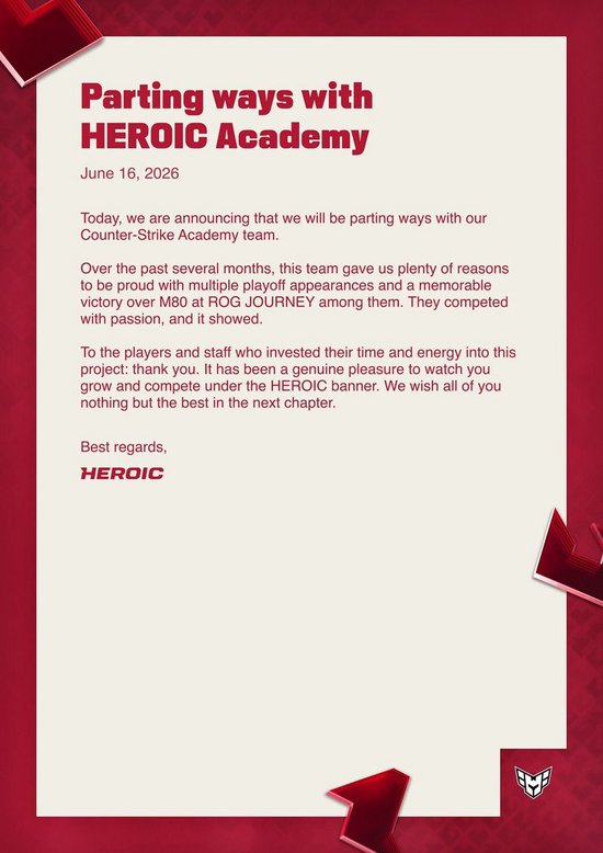 【蜗牛电竞】官宣：HEROIC解散旗下CS2青训队【EV扑克小游戏官网】
